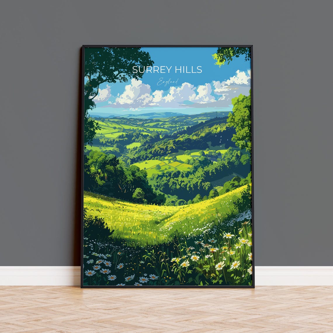 Surrey Hills England Green Countryside Daisies Travel Poster