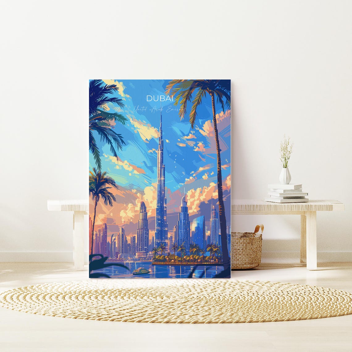 Dubai UAE Burj Khalifa Sunset Skyline Palm Trees Vintage Travel Poster - Image 2