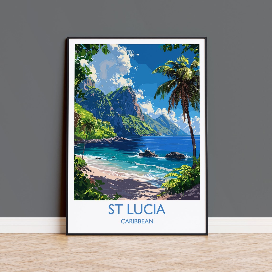 St Lucia Caribbean Pitons Rocky Cove Blue Ocean Palm Art Poster