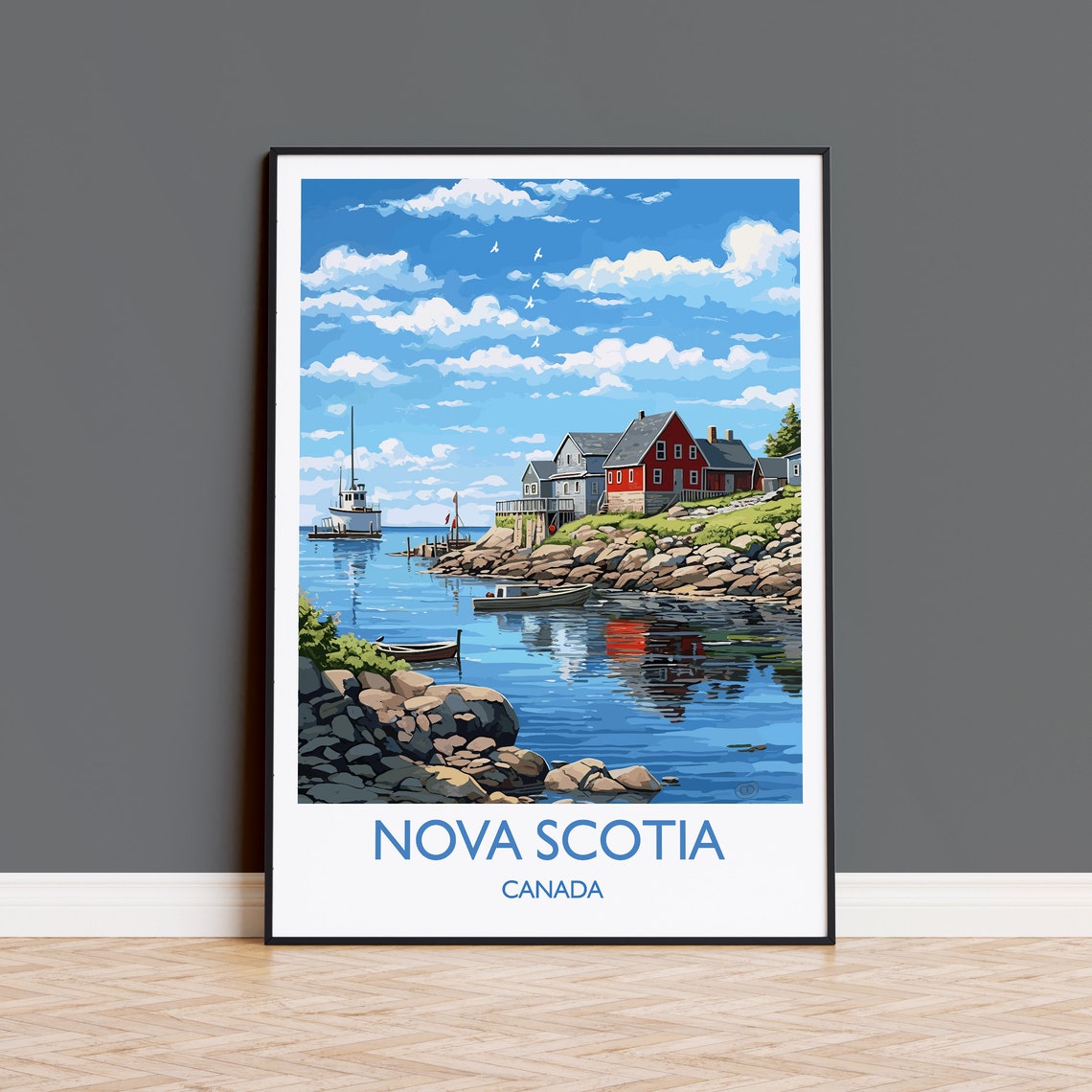 Nova Scotia Canada Harbor Boats Lighthouse Coastal Travel Poster