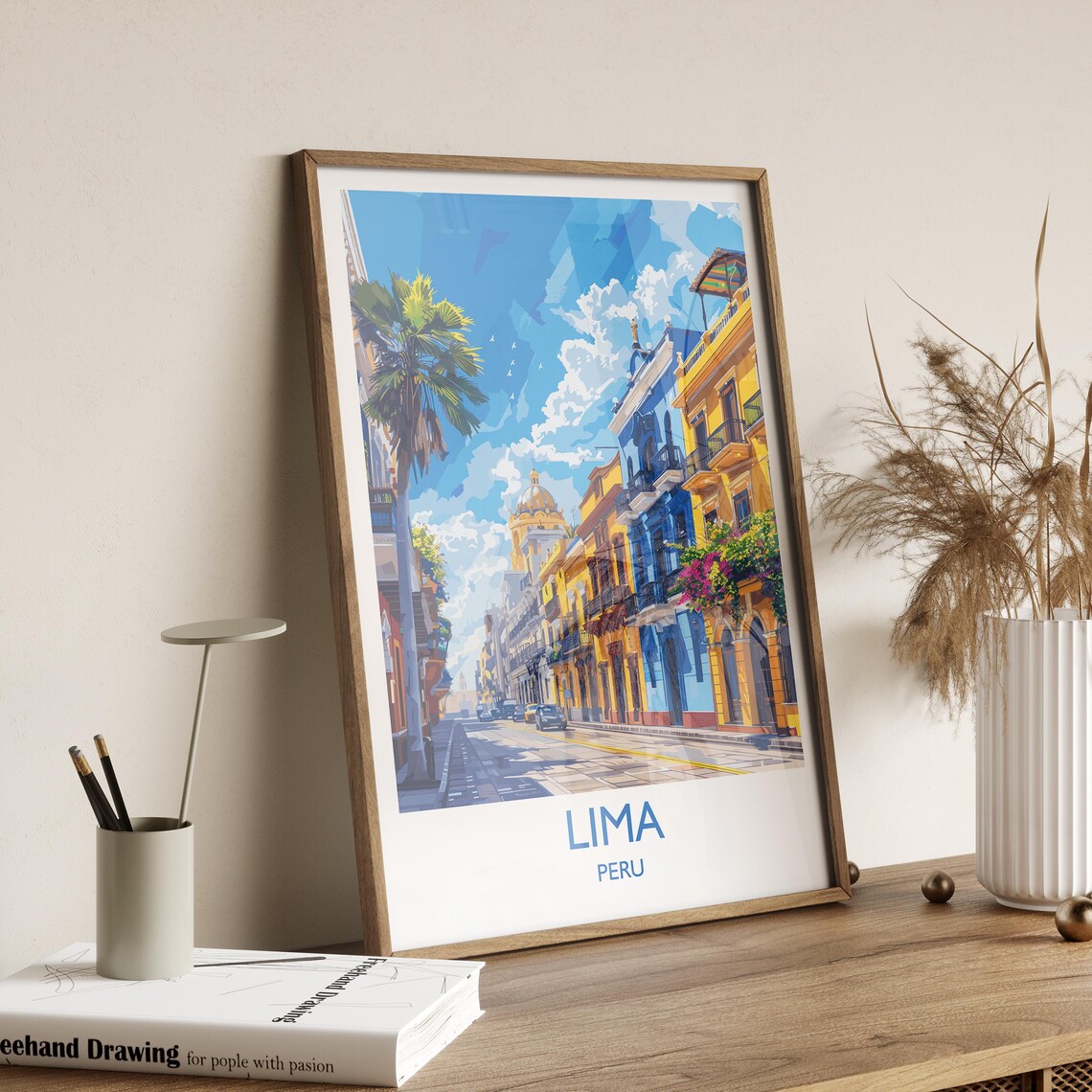 Lima Peru Colorful Colonial Street Buildings Travel Poster With Title Below - Image 2