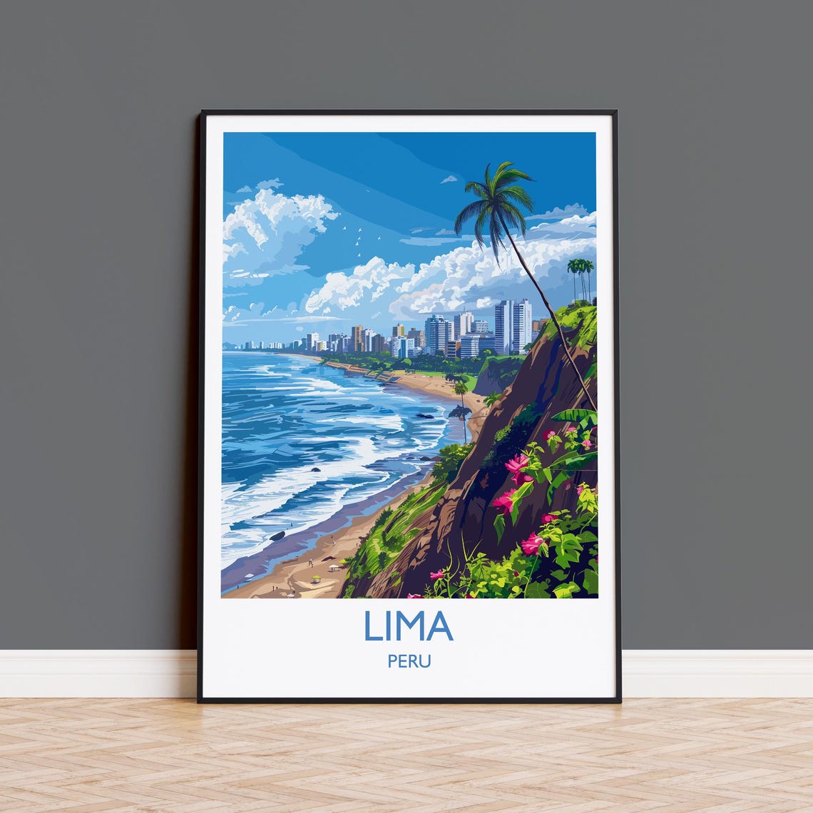 Lima Peru Miraflores Coastline Cliffs Travel Poster With Title Below