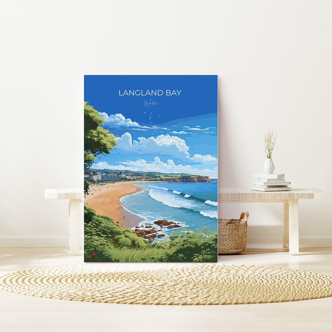Langland Bay Wales Travel Poster Blue Sky Beach Waves Vintage Style - Image 2