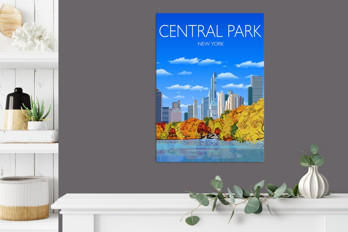 Central Park New York Autumn Foliage Skyline Lake View Travel Poster - Image 3