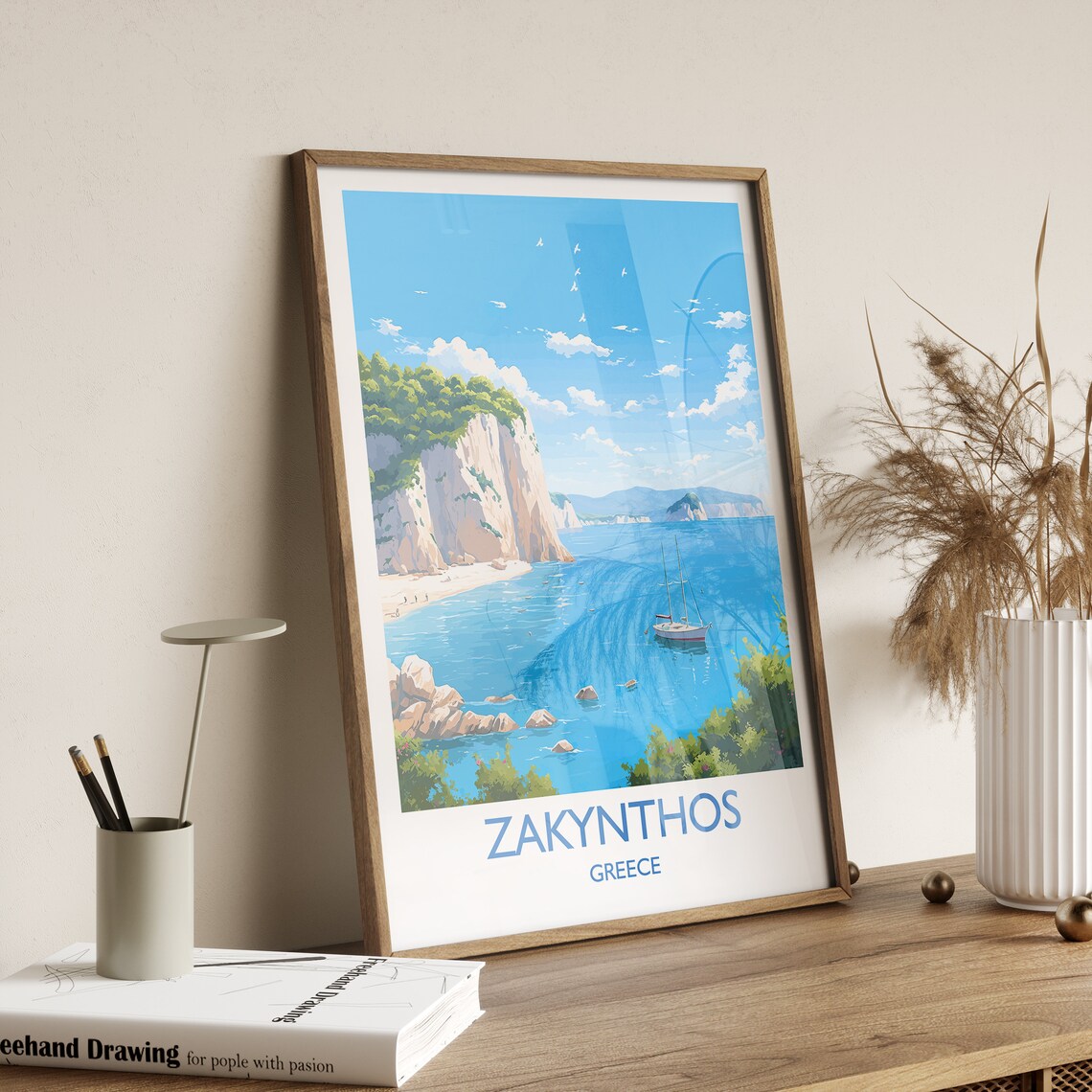 Zakynthos Greece Turquoise Bay Cliffs Sailboat Island Travel Poster - Image 3