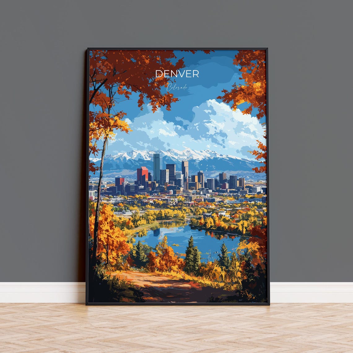 Denver Skyline Autumn Rocky Mountains Lake Full Bleed Poster