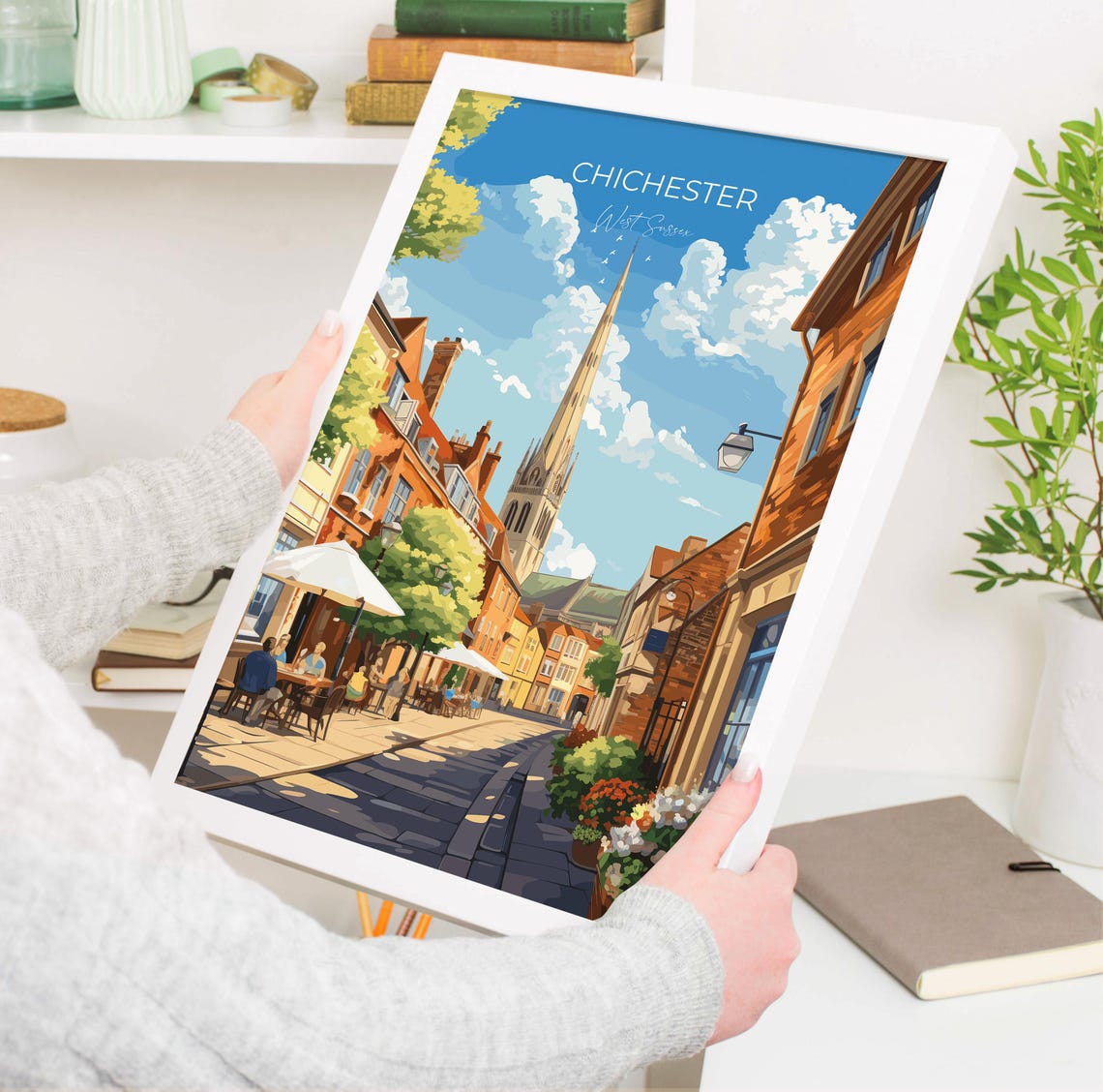 Chichester Cathedral Spire Cobbled Street Cafes Travel Poster - Image 3