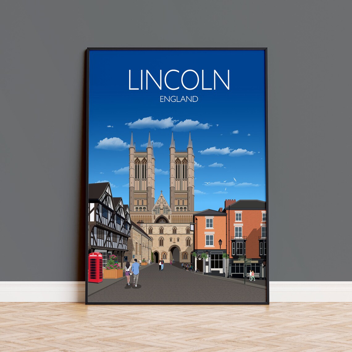 Lincoln England Cathedral Historic Street Scene Travel Poster