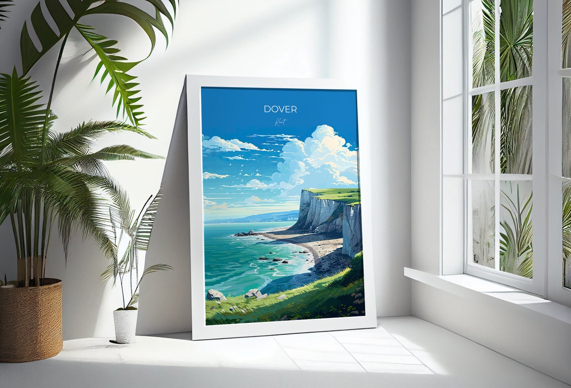 Dover Kent Travel Poster White Cliffs Turquoise Sea Beach Scene - Image 3