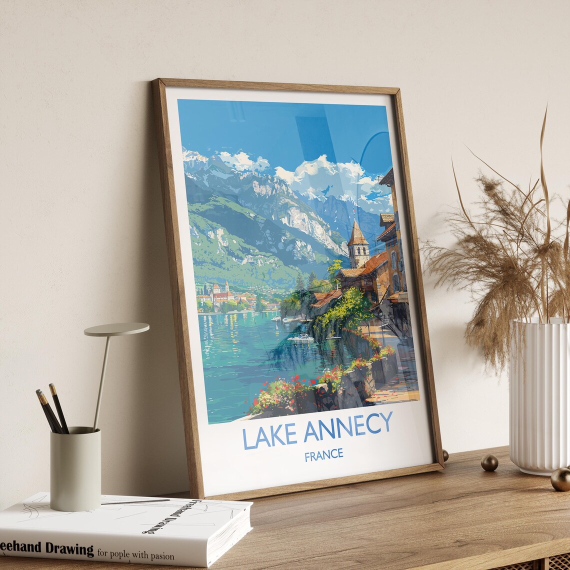 Lake Annecy Village Shoreline Church White Border Travel Poster - Image 2