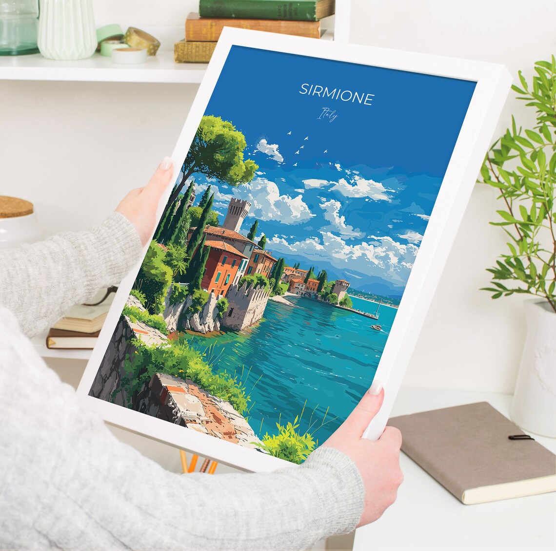 Sirmione Italy Lake Garda Castle Vintage Blue Sky Travel Poster - Image 5