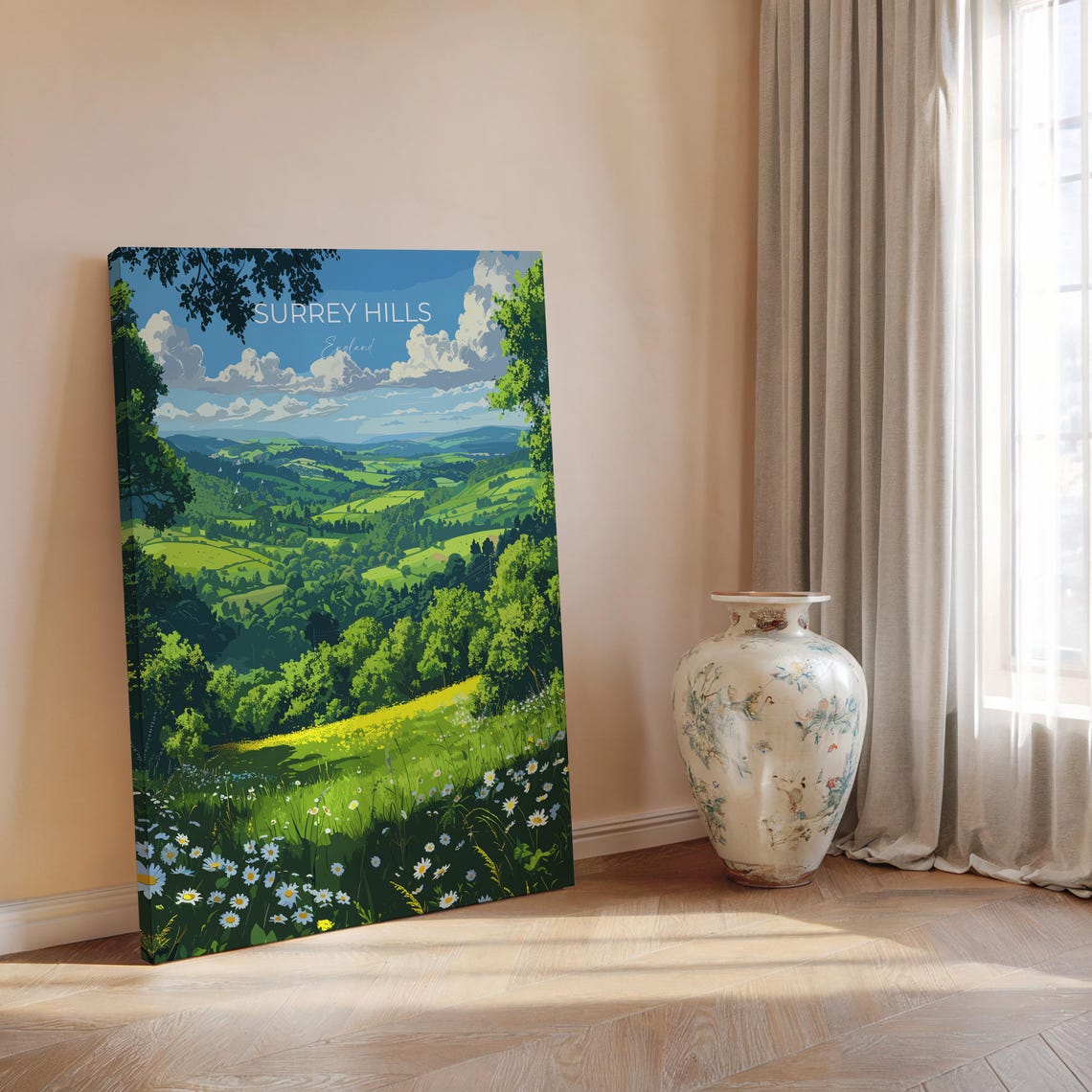 Surrey Hills England Meadow View Top Lettered Travel Art Poster - Image 2