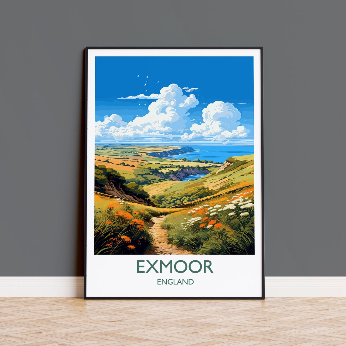 Exmoor England Coastal Cliffs Wildflower Path Seascape Travel Poster