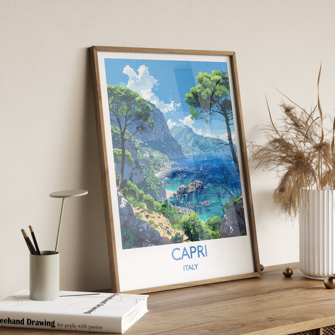 Capri Italy Cliff Cove Sailboats Pine Trees Classic Travel Poster - Image 2