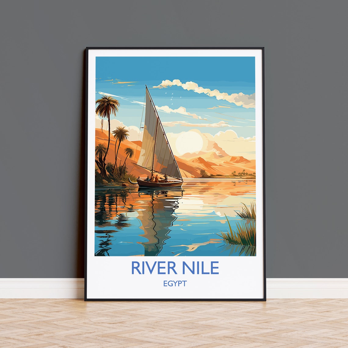 River Nile Egypt Felucca Sailboat White Border Sunset Travel Poster