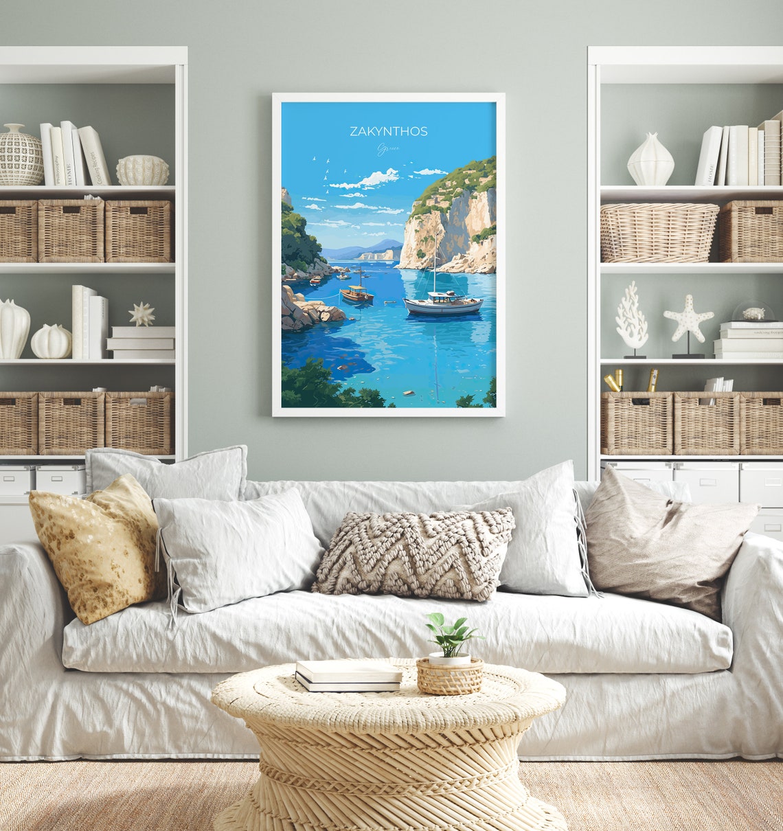 Zakynthos Greece Turquoise Harbor Boats Cliff View Travel Poster - Image 4