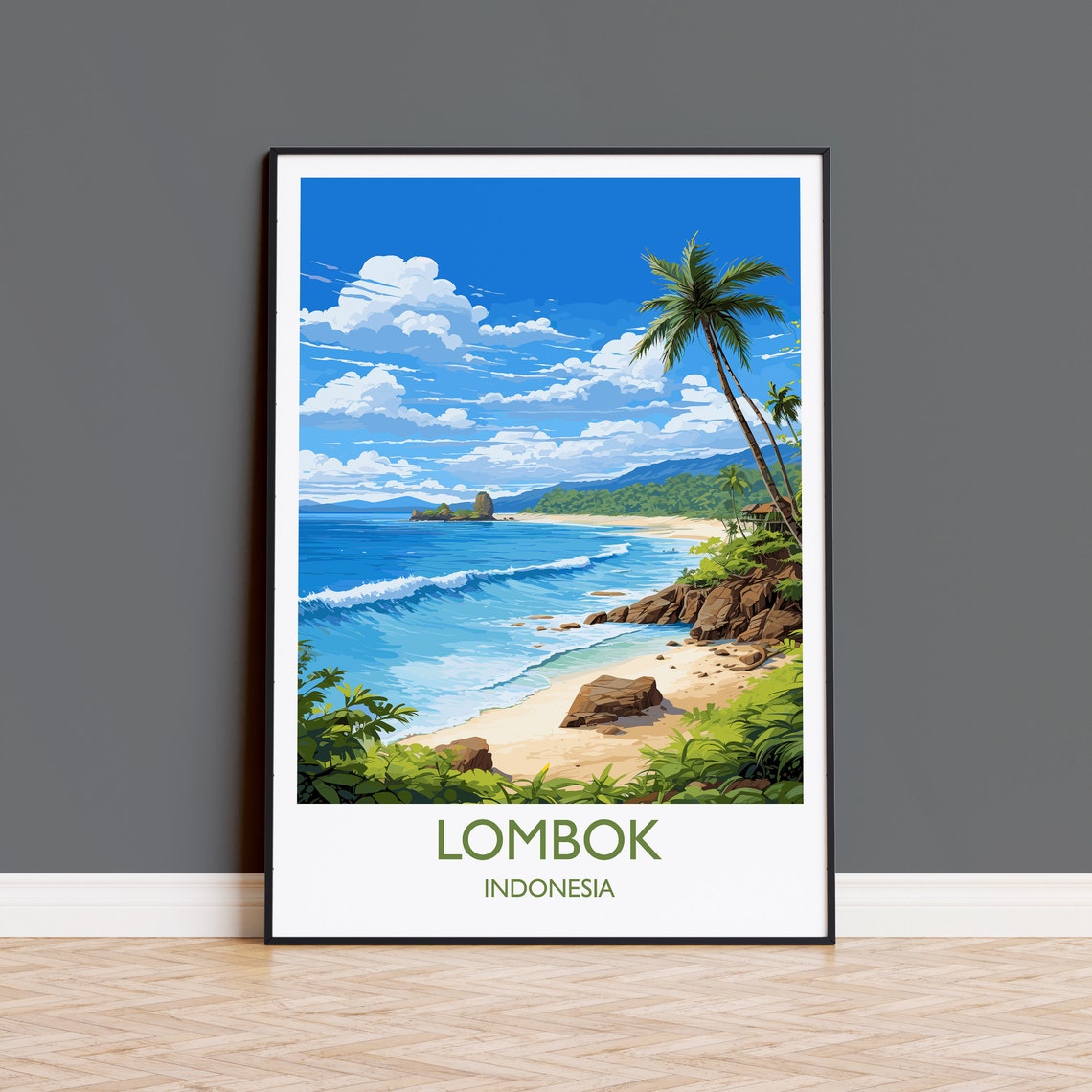Lombok Indonesia Tropical Beach Palm Surf Travel Poster Island Decor