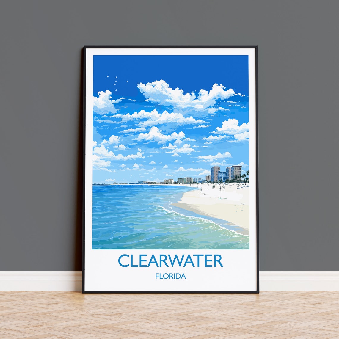 Clearwater Florida White Sand Beach Waves Travel Poster Wall Decor