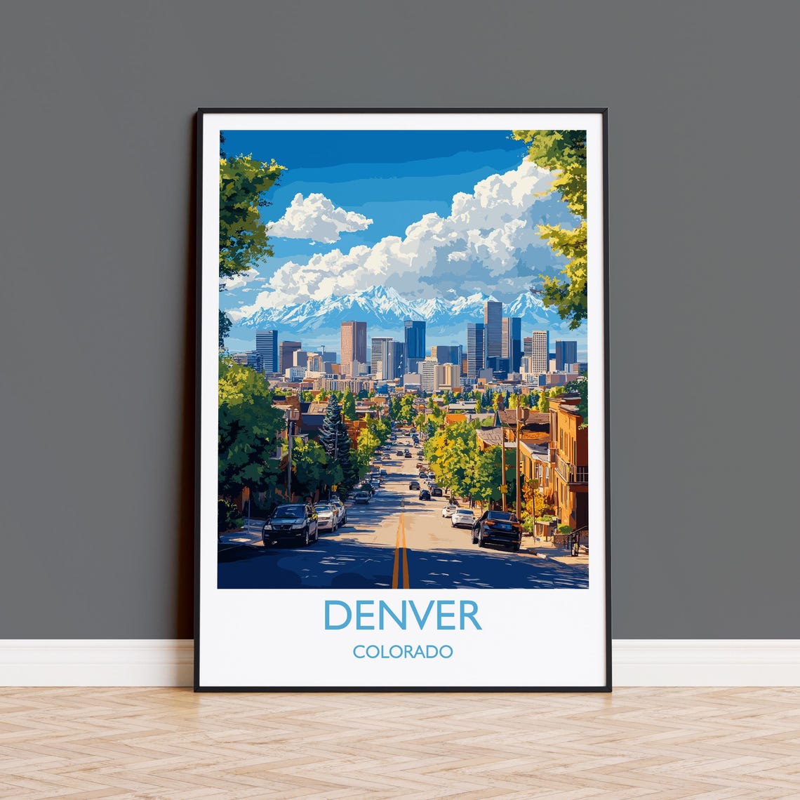 Denver Street View Skyline Snowy Mountains Poster White Border