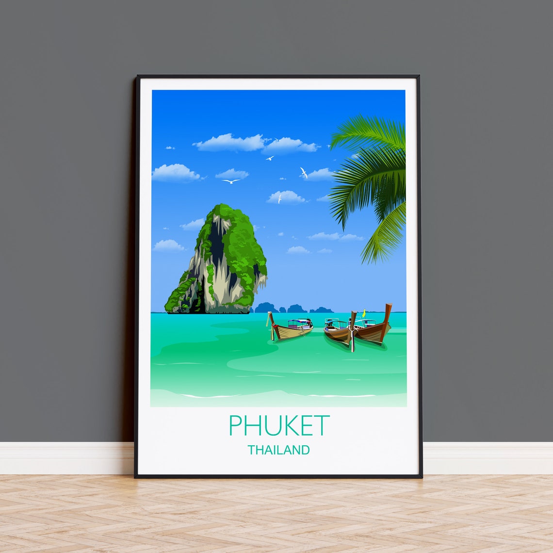 Phuket Thailand Limestone Karst Longtail Boats Emerald Sea Poster