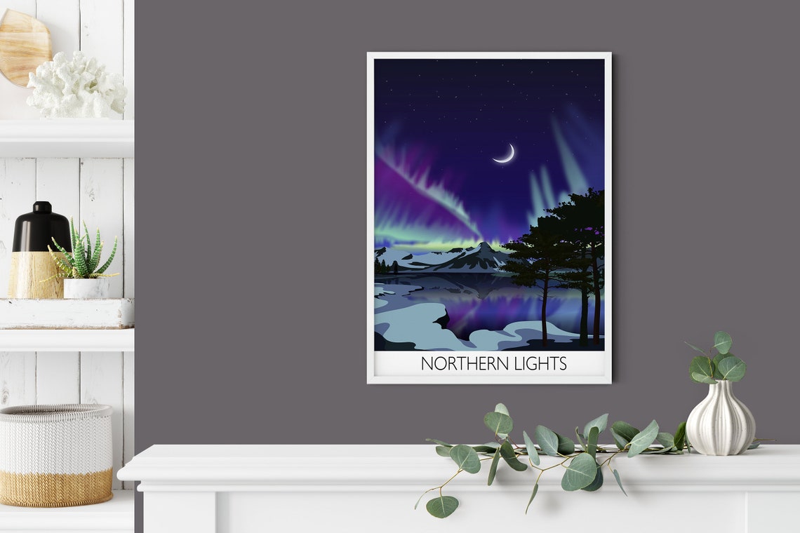 Northern Lights Aurora Night Sky Mountains Moonlight Art Poster - Image 4