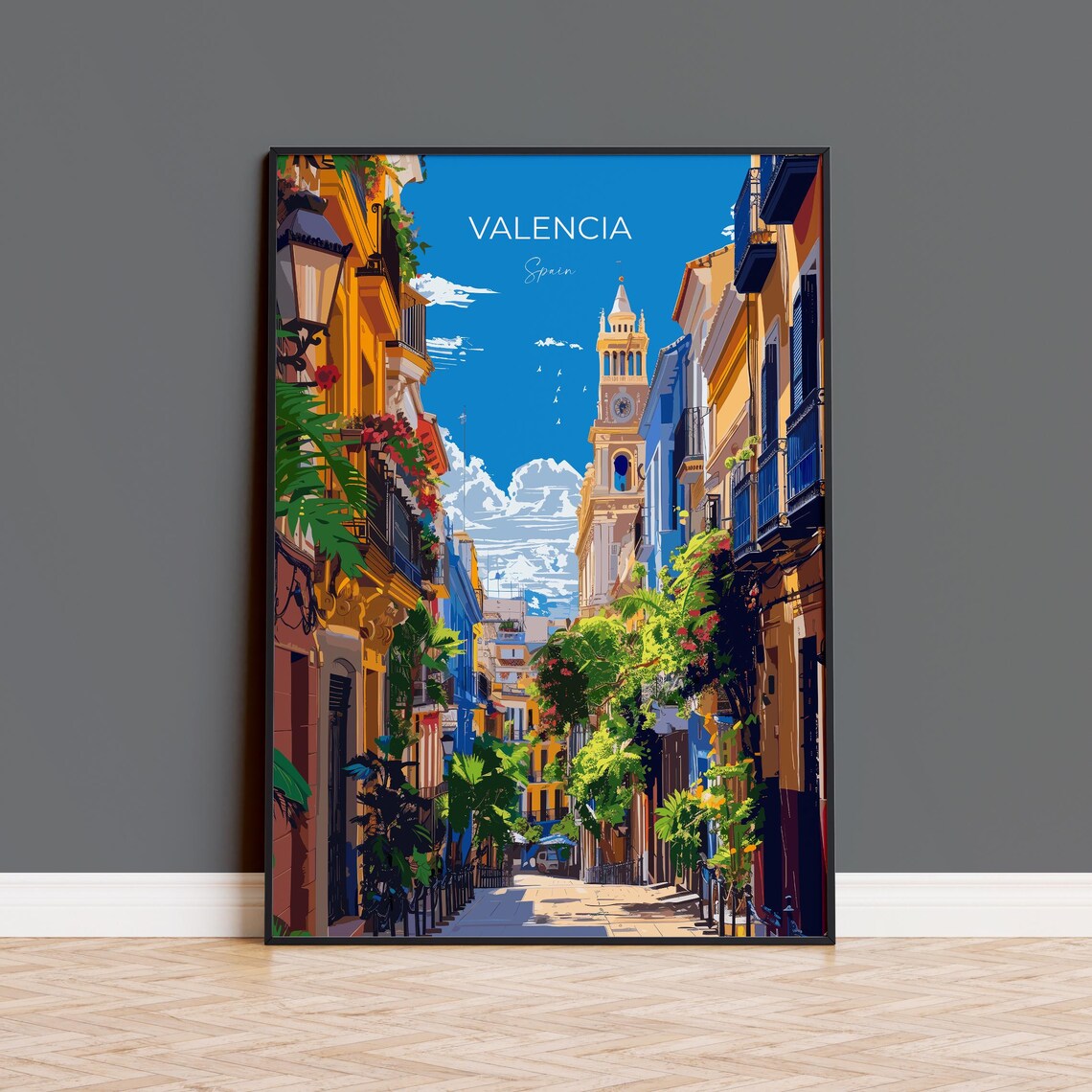 Valencia Spain Colorful Old Town Street Top Lettering Poster