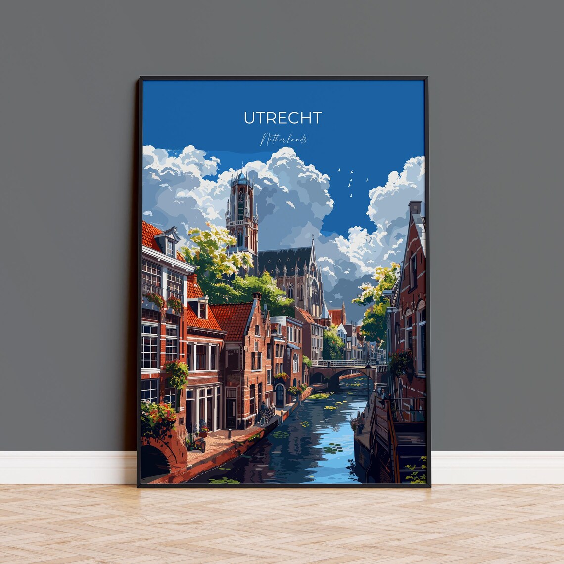 Utrecht Netherlands Canal And Dom Tower Vintage Travel Poster