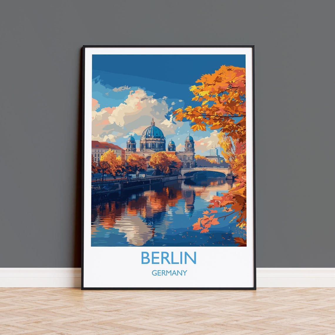 Berlin Cathedral Autumn River Reflection Travel Poster Bordered