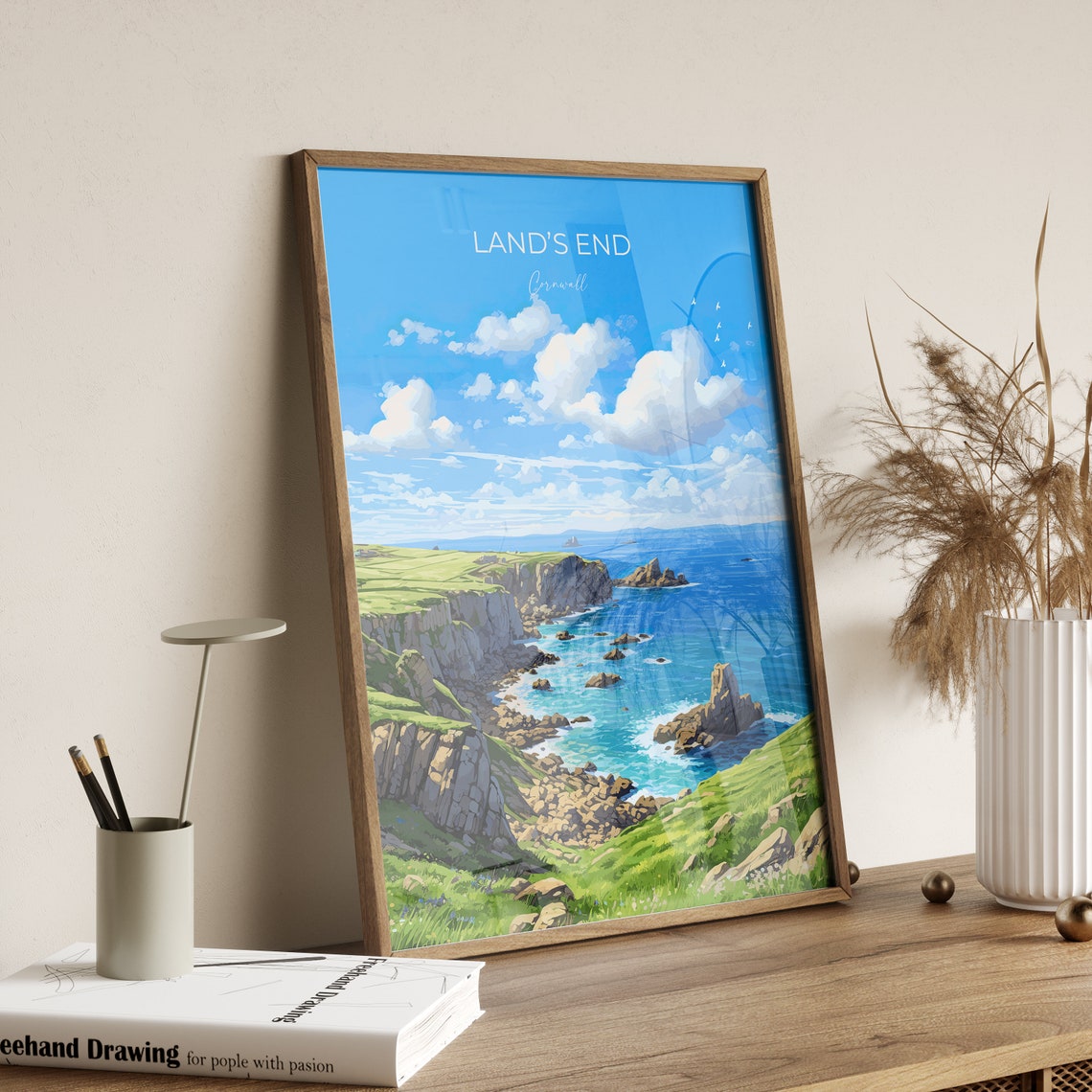 Land's End Cornwall Coastal Cliffs Beach Huts Blue Sky Travel Poster - Image 2