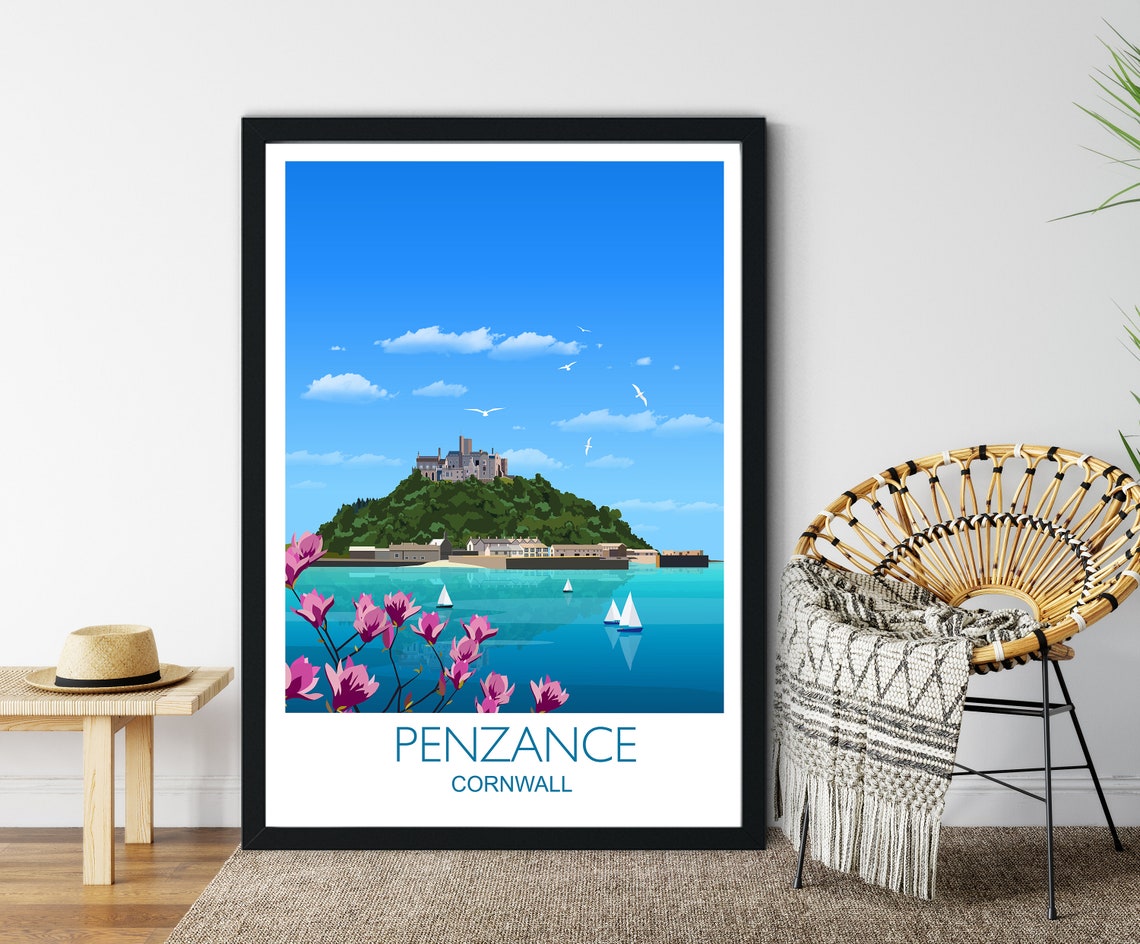 Penzance Cornwall Mount Bay Island Castle Flowers View Art Poster