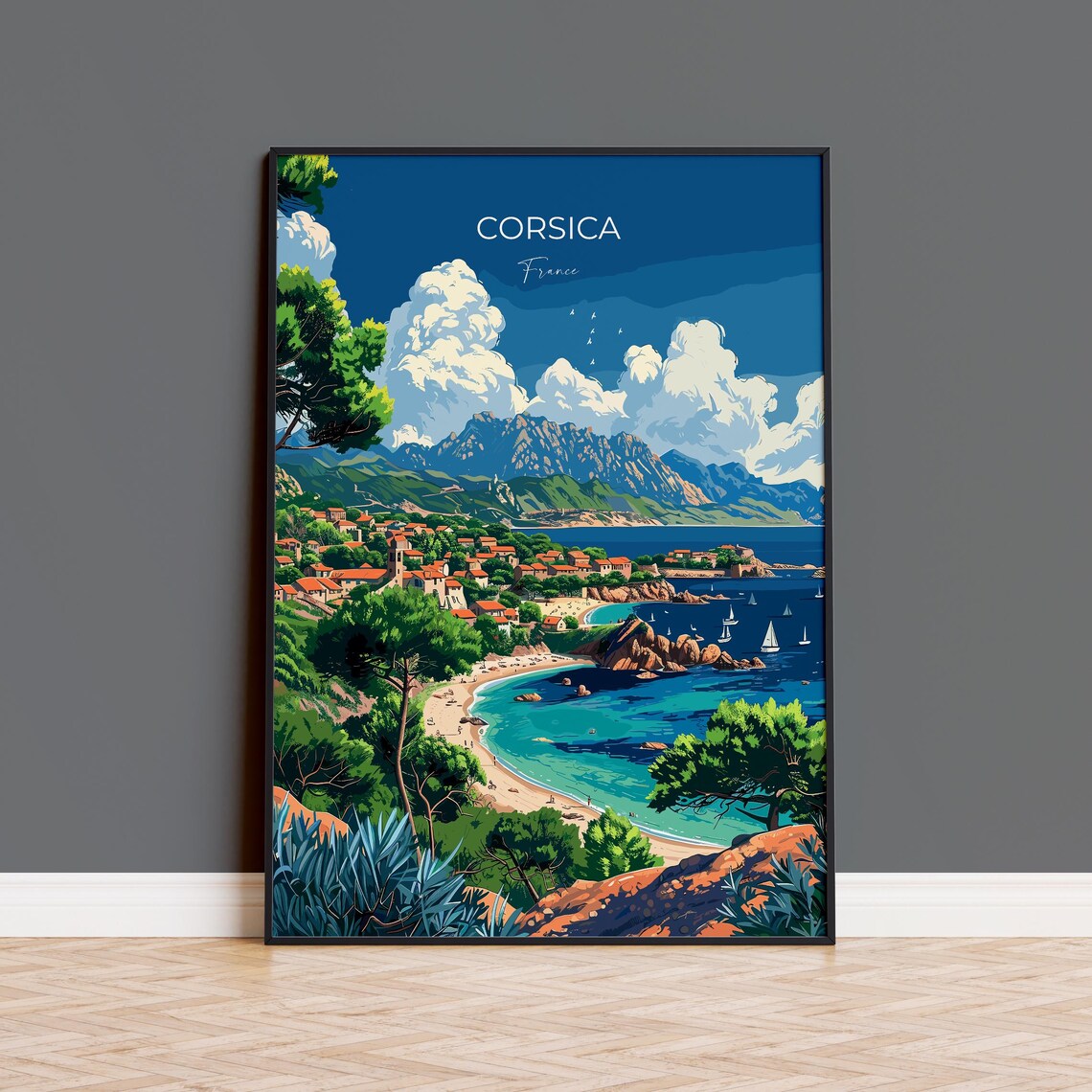 Corsica France Coastal Town Beach Sailboats Mountains Travel Poster