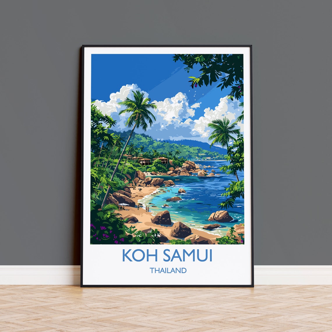 Koh Samui Thailand Tropical Beach Palm Trees Rocky Cove Travel Poster