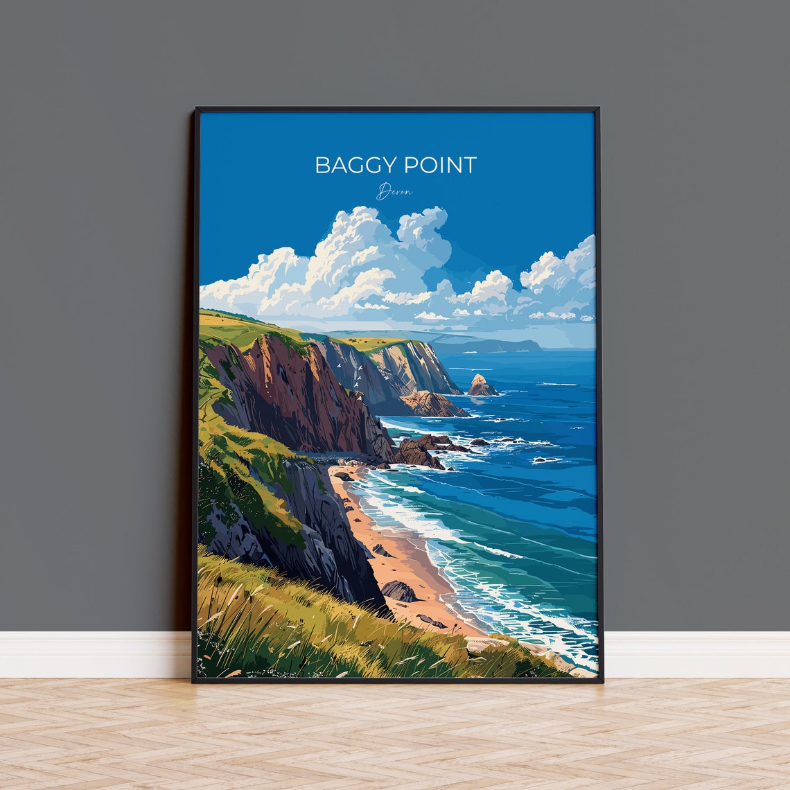 Baggy Point Devon Rugged Sea Cliffs Sandy Cove Coastal Travel Poster