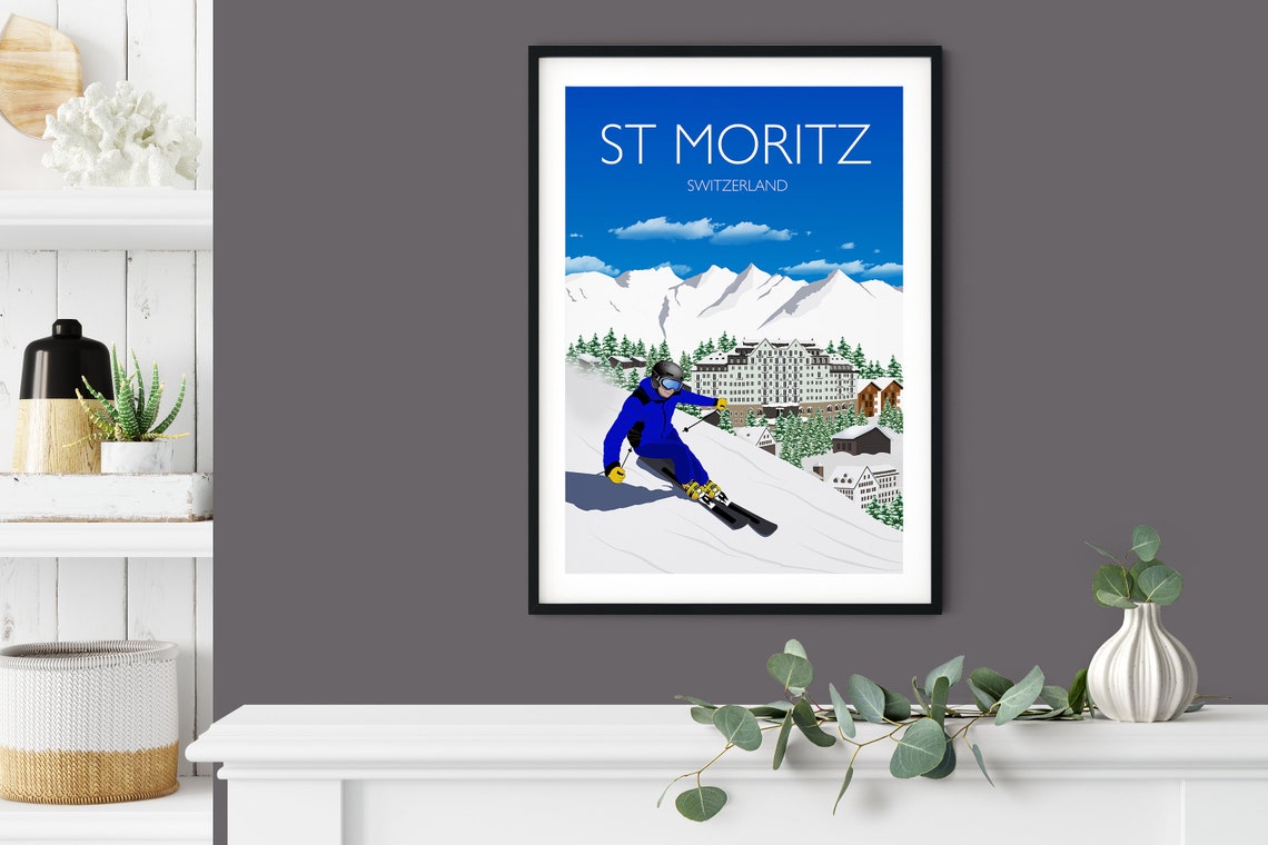 St Moritz Switzerland Skier Alpine Hotel Winter Sports Poster - Image 4