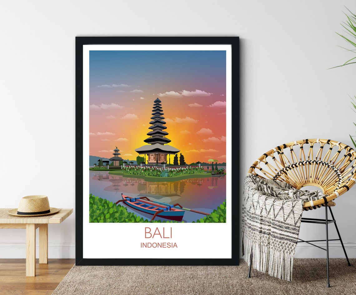 Bali Indonesia Lake Temple Sunset Canoe Reflection Scene Poster