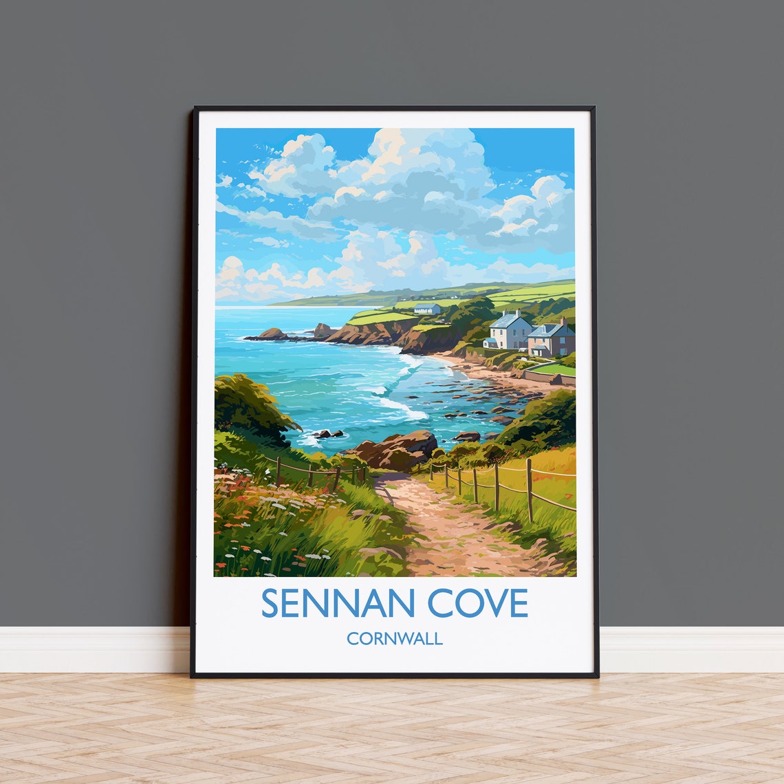 Sennan Cove Cornwall Coastal Path Sea View Cottages Travel Poster