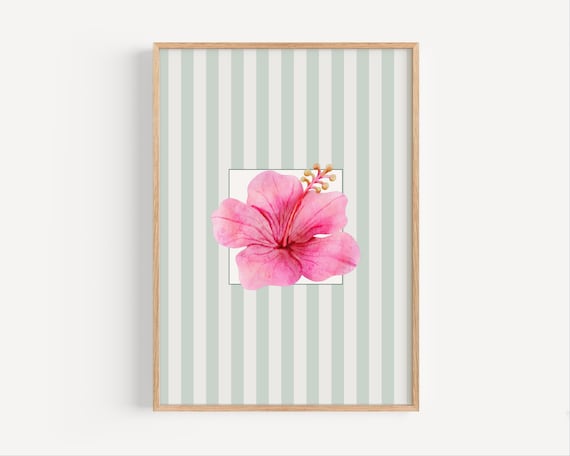 Pink Hibiscus Watercolor Art Print Trendy Green Stripes