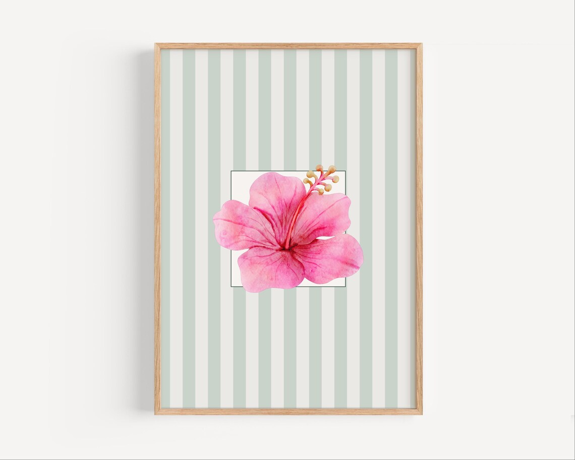 Pink Hibiscus Watercolor Flower Green Stripes Trendy Wall Art