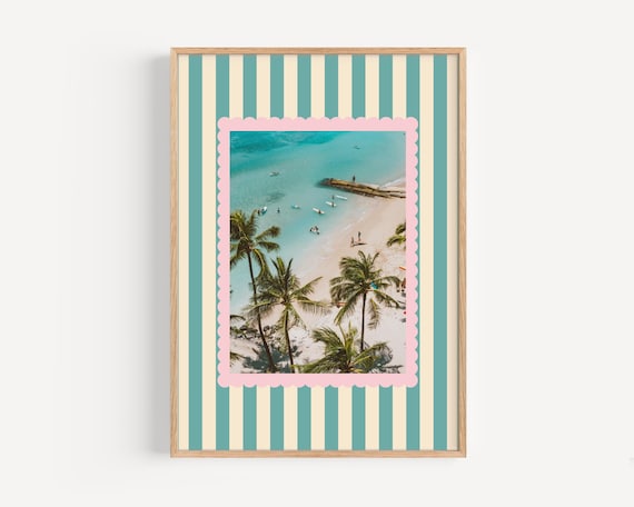 Tropical Beach Aerial Palm Trees Pink Scallop Frame Coastal Wall Art