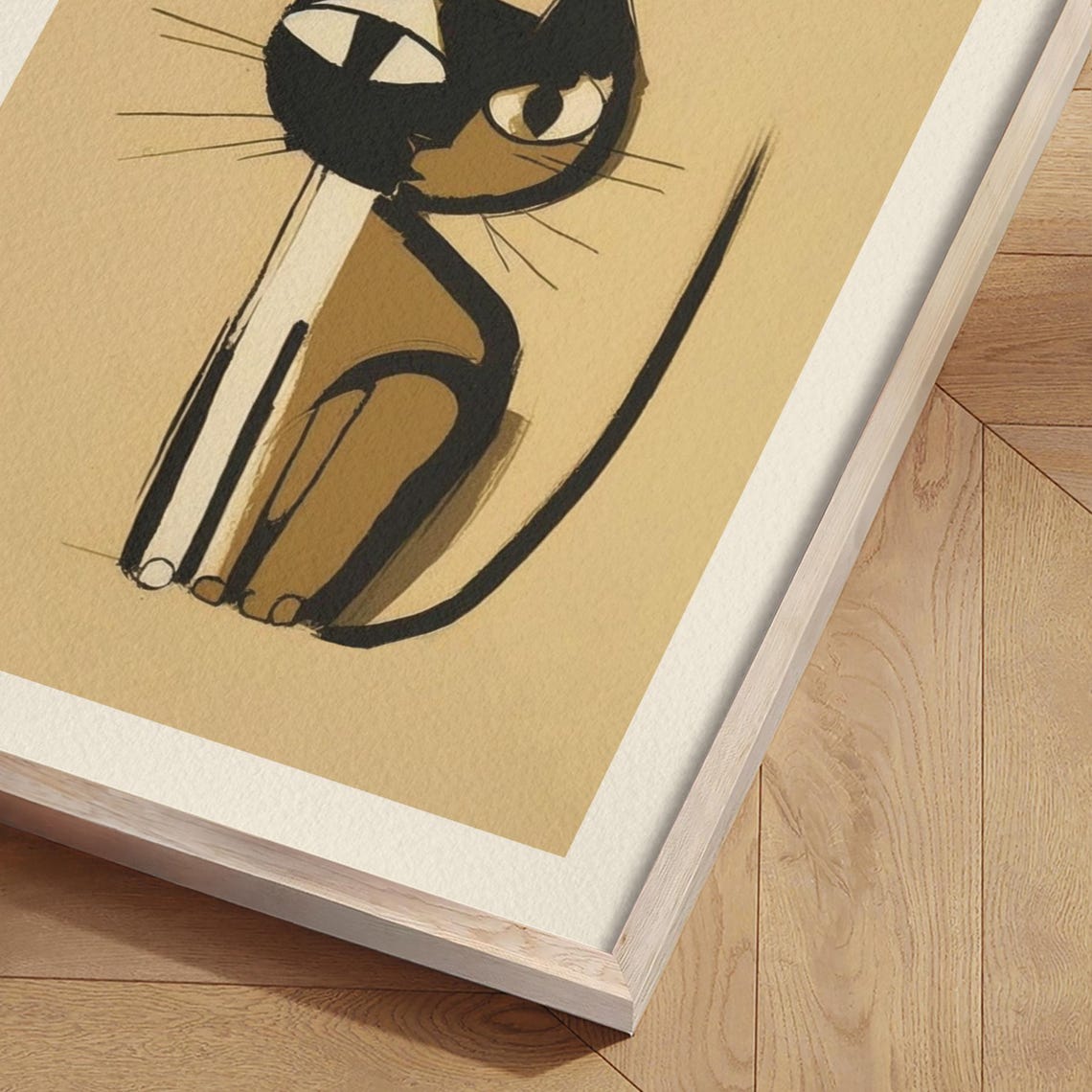 Mid Century Modern Black Cat Line Art Beige Minimalist Poster - Image 2