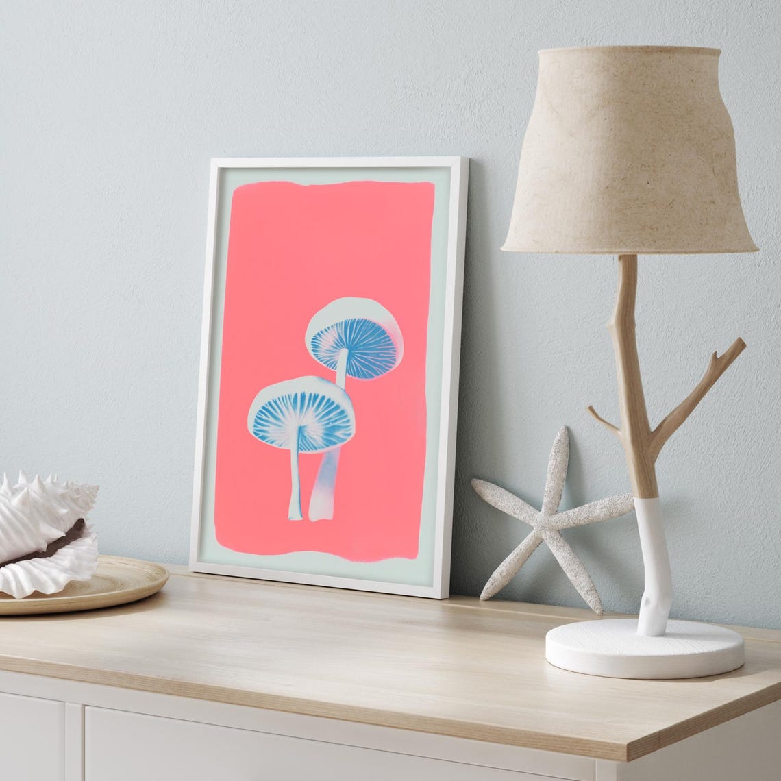 Glowing Mushroom Pair Blue Pink Modern Botanical Fungi Poster - Image 3