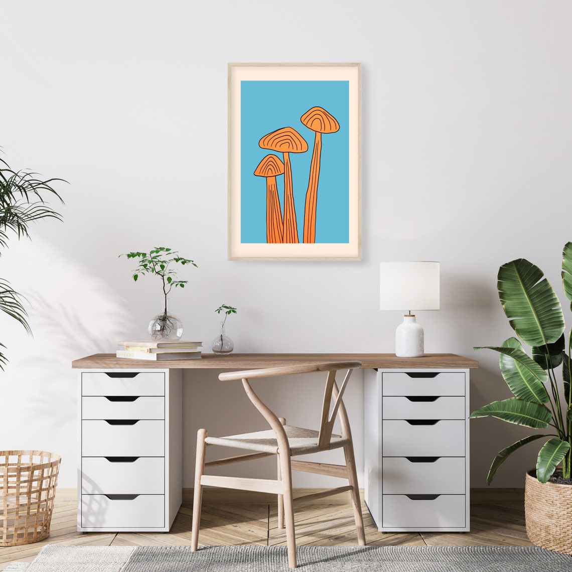 Orange Mushrooms on Blue Minimalist Fungi Illustration Poster - Image 2