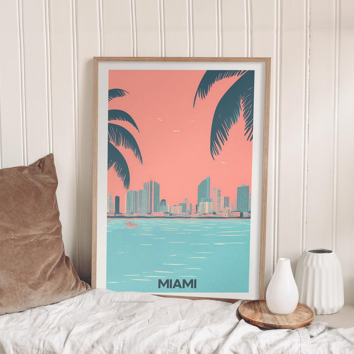 Miami Retro Travel Poster With Palm Trees and Skyline Sunset