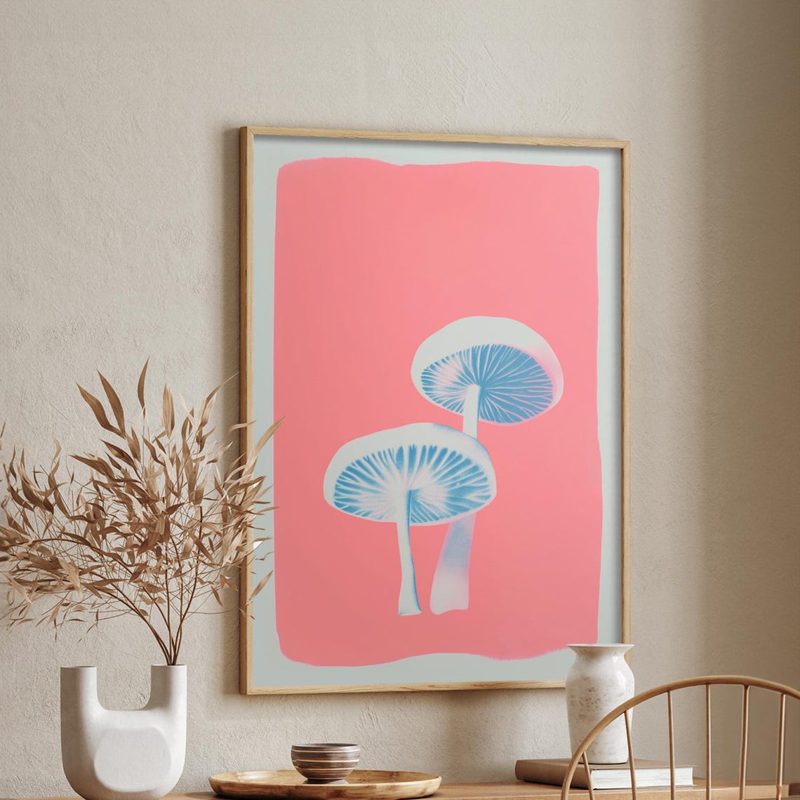 Glowing Mushroom Pair Blue Pink Modern Botanical Fungi Poster