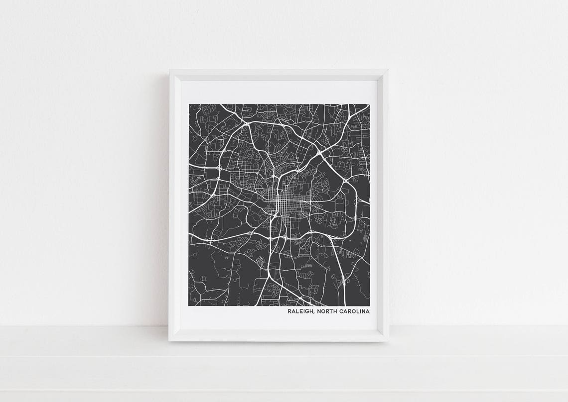 Raleigh North Carolina White On Black Street Map Line Art Poster