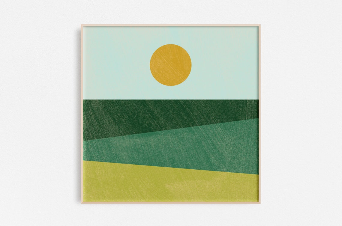 Sunshine Landscape Geometric Green Hills Minimalist Golden Sun Poster
