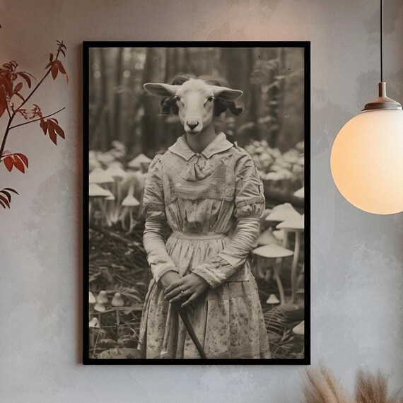 Surreal Sheep Headed Girl In Dress Mushroom Forest Sepia Art Poster