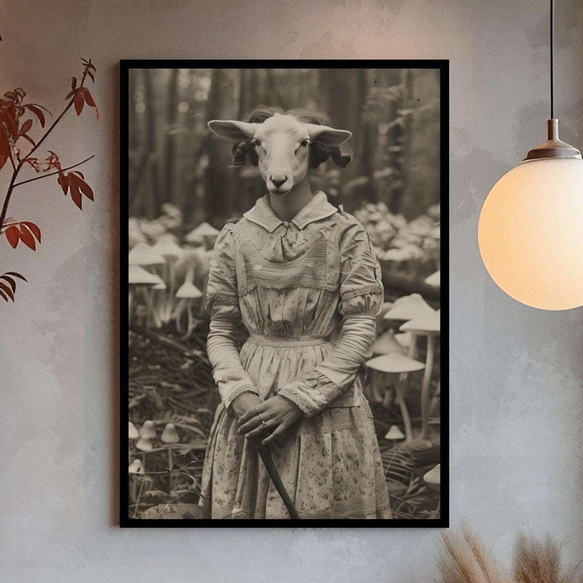 Surreal Sheep Headed Girl In Dress Mushroom Forest Sepia Art Poster