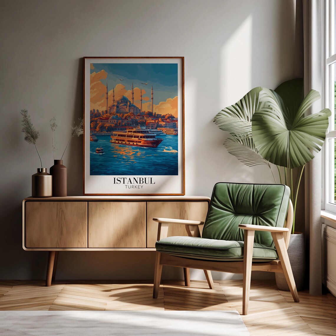 Istanbul Turkey Grand Mosque and Ferry Golden Hour Travel Poster - Image 2