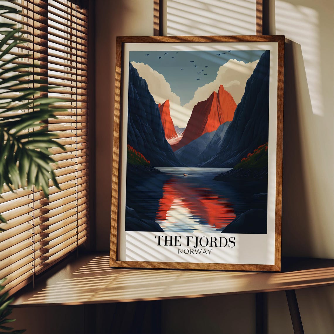 Norwegian Fjords Dramatic Red Peaks Mirror Reflection Travel Poster - Image 2